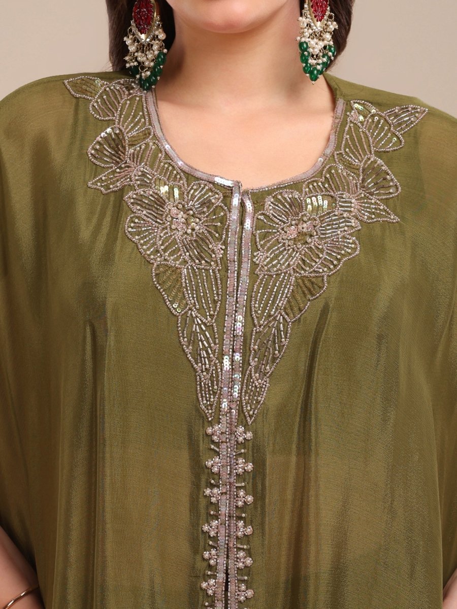 Olive Green Embroidered Kaftan Palazzo Set in Viscose Chinon - CLOHI