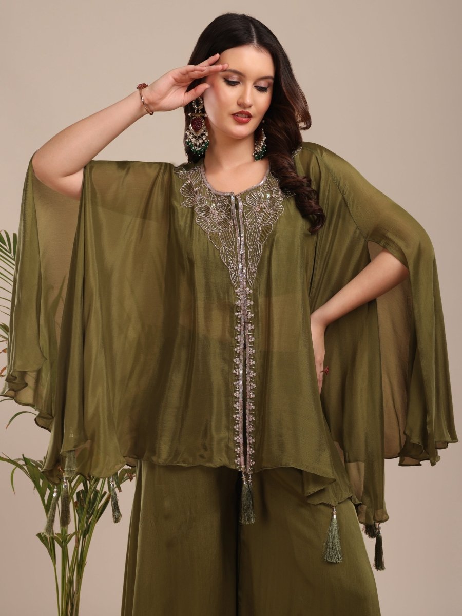 Olive Green Embroidered Kaftan Palazzo Set in Viscose Chinon - CLOHI