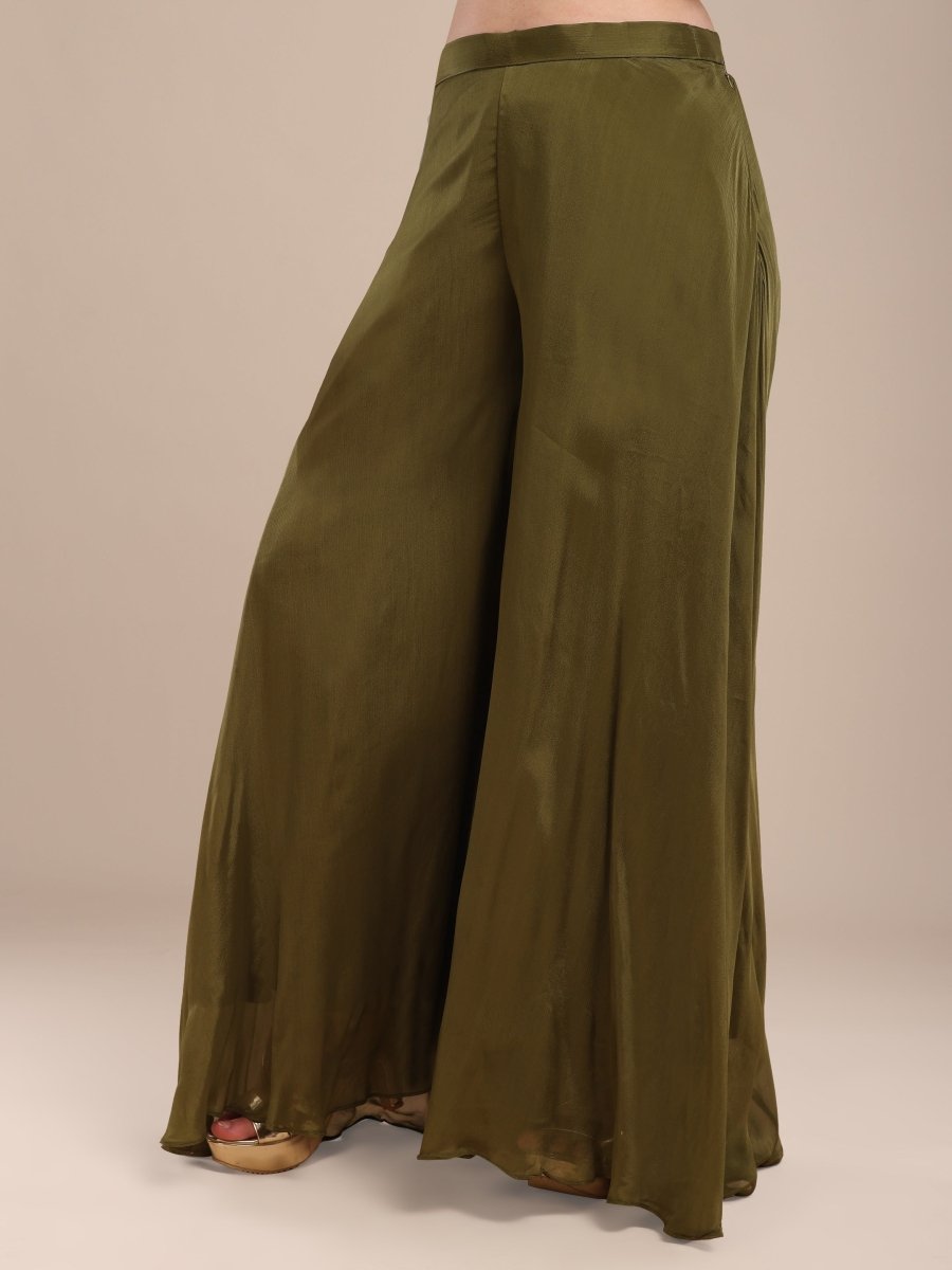 Olive Green Embroidered Kaftan Palazzo Set in Viscose Chinon - CLOHI