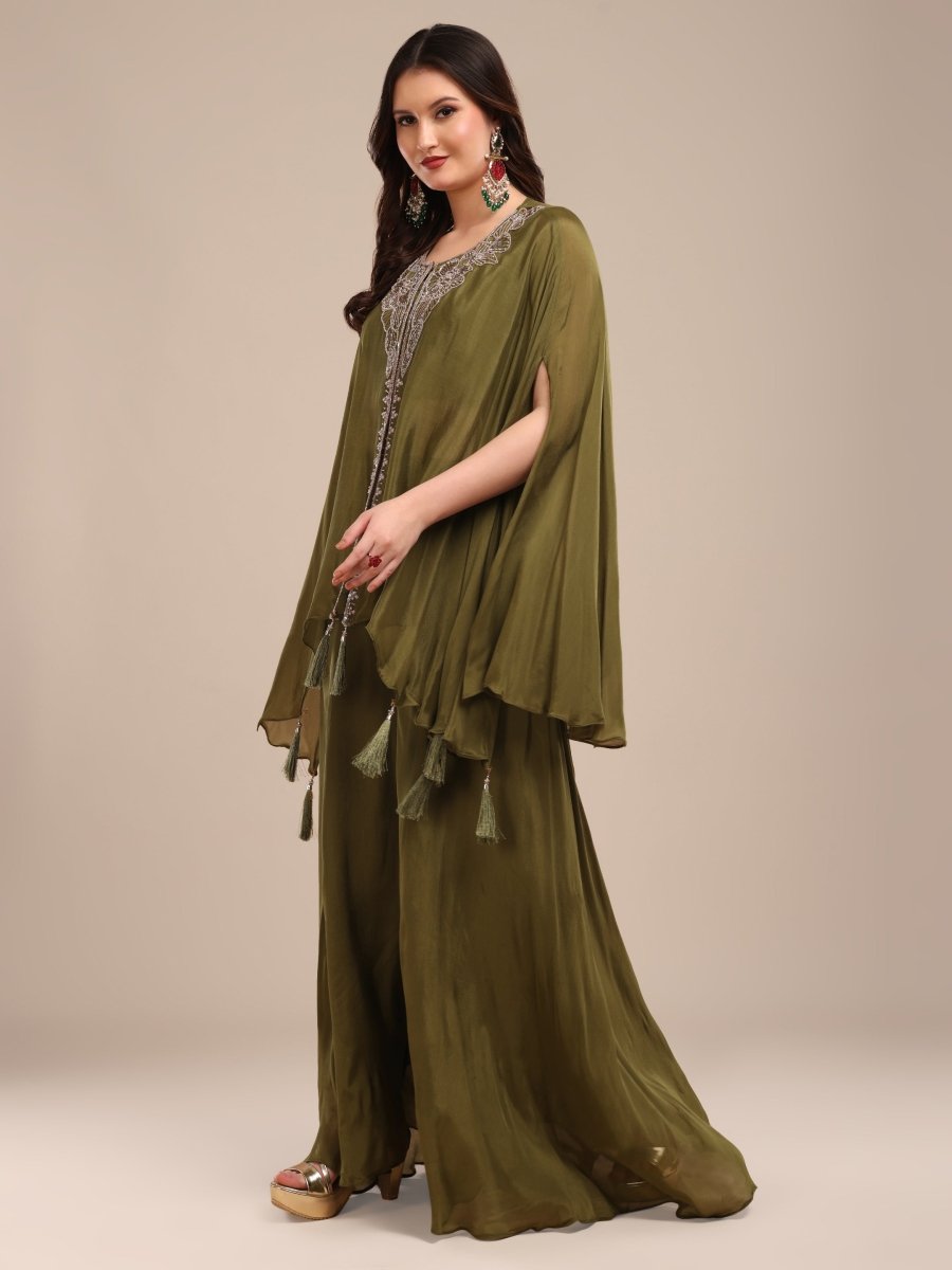 Olive Green Embroidered Kaftan Palazzo Set in Viscose Chinon - CLOHI