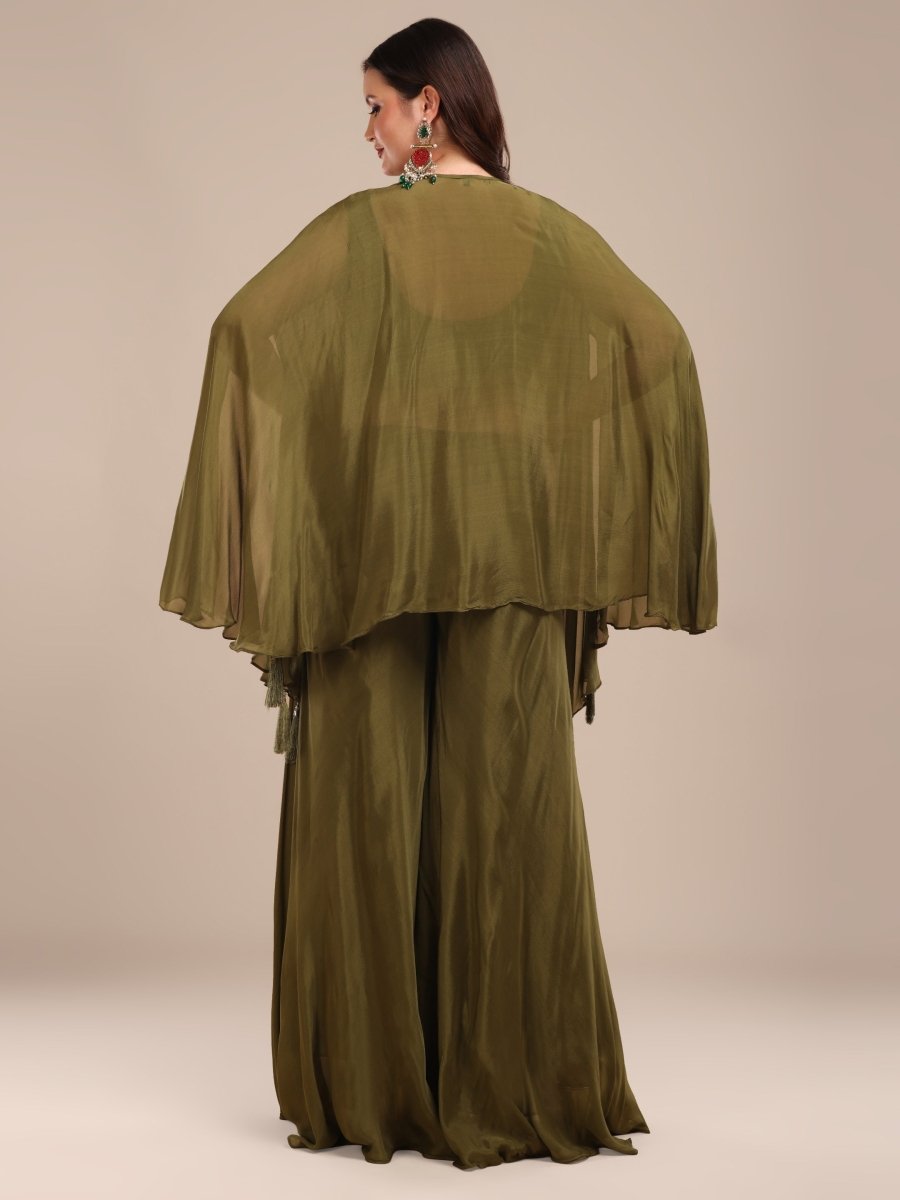 Olive Green Embroidered Kaftan Palazzo Set in Viscose Chinon - CLOHI
