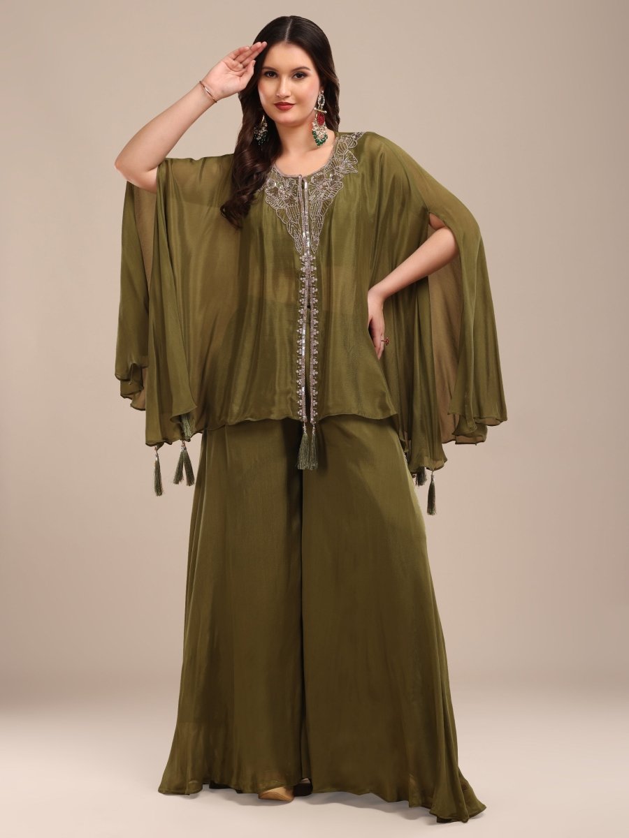 Olive Green Embroidered Kaftan Palazzo Set in Viscose Chinon - CLOHI