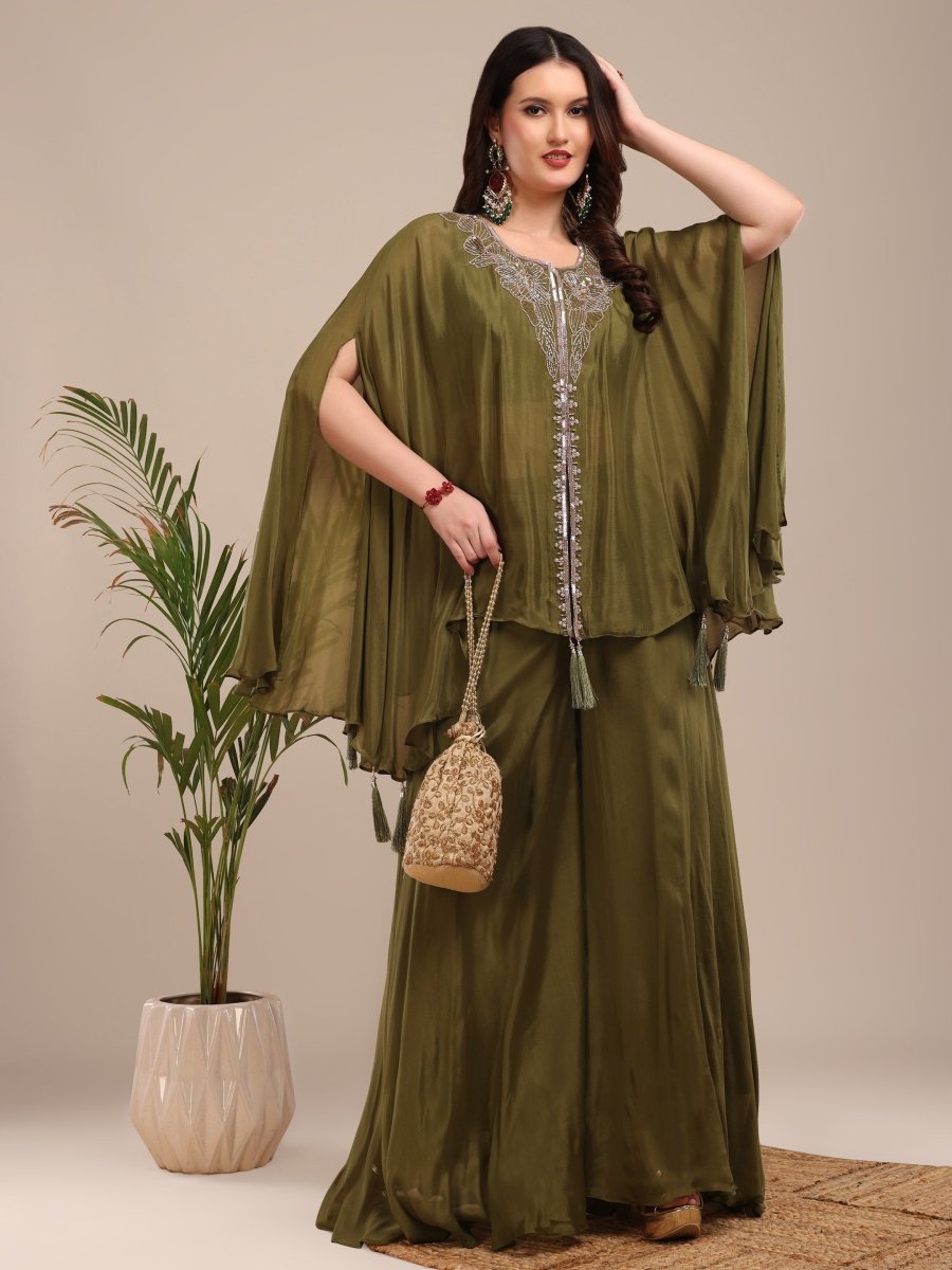 Olive Green Embroidered Kaftan Palazzo Set in Viscose Chinon - CLOHI