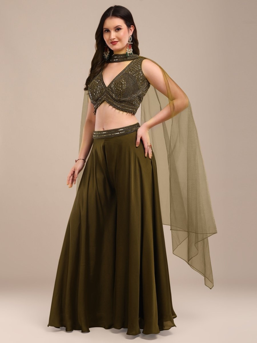 Olive Green Indo - Western Palazzo Set with Hand Embroidery & Cape Dupatta - CLOHI