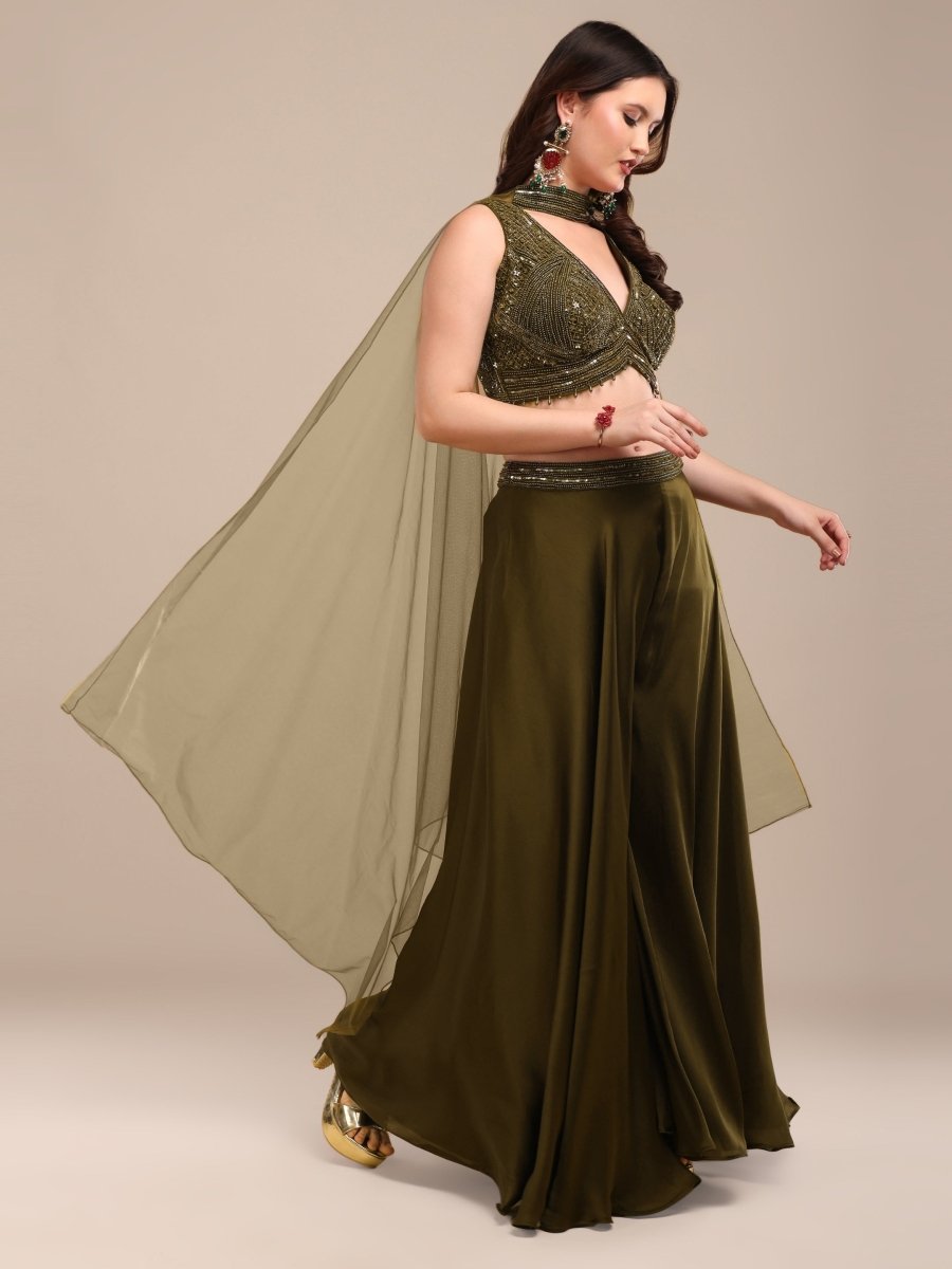 Olive Green Indo - Western Palazzo Set with Hand Embroidery & Cape Dupatta - CLOHI