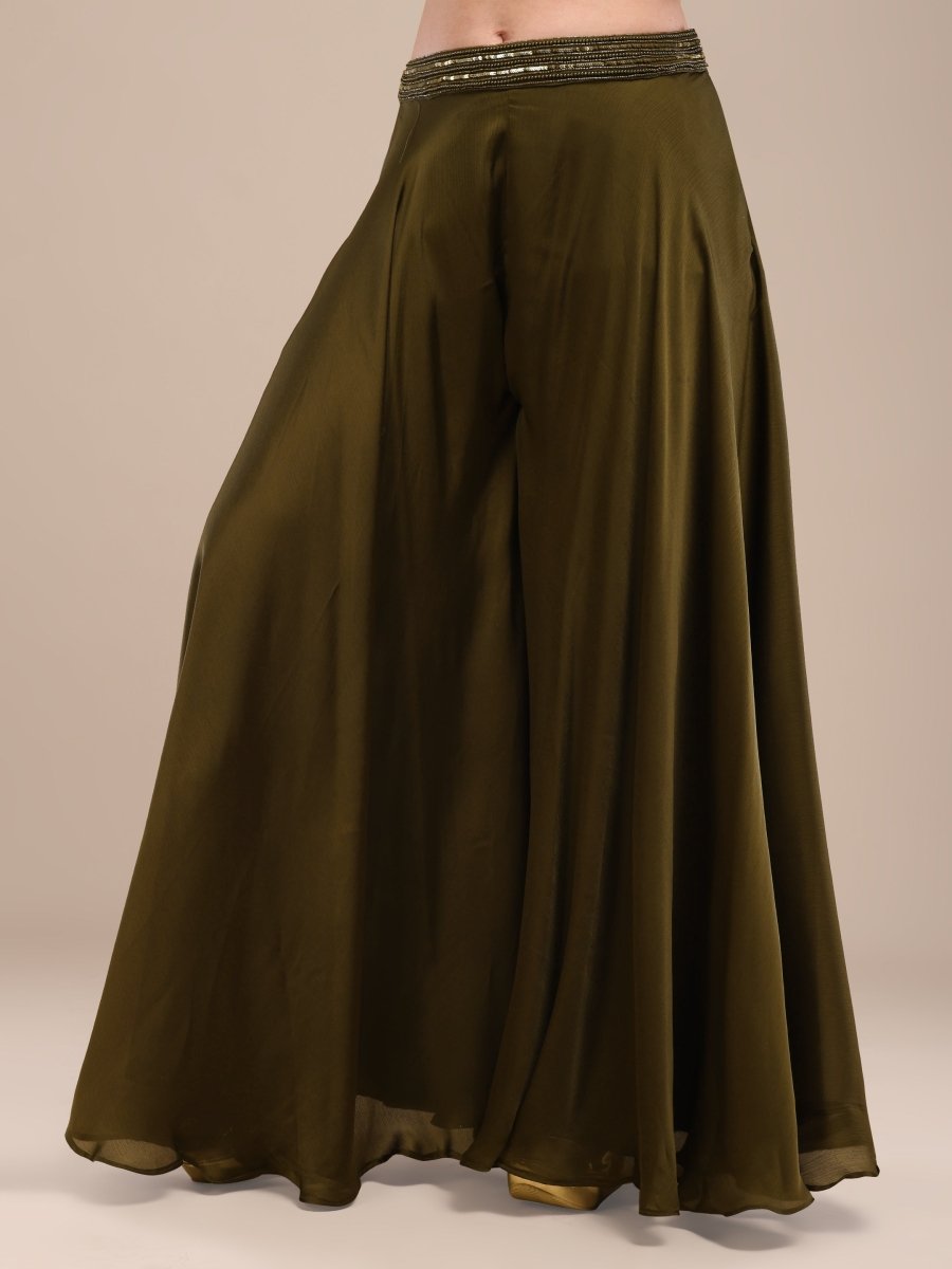 Olive Green Indo - Western Palazzo Set with Hand Embroidery & Cape Dupatta - CLOHI