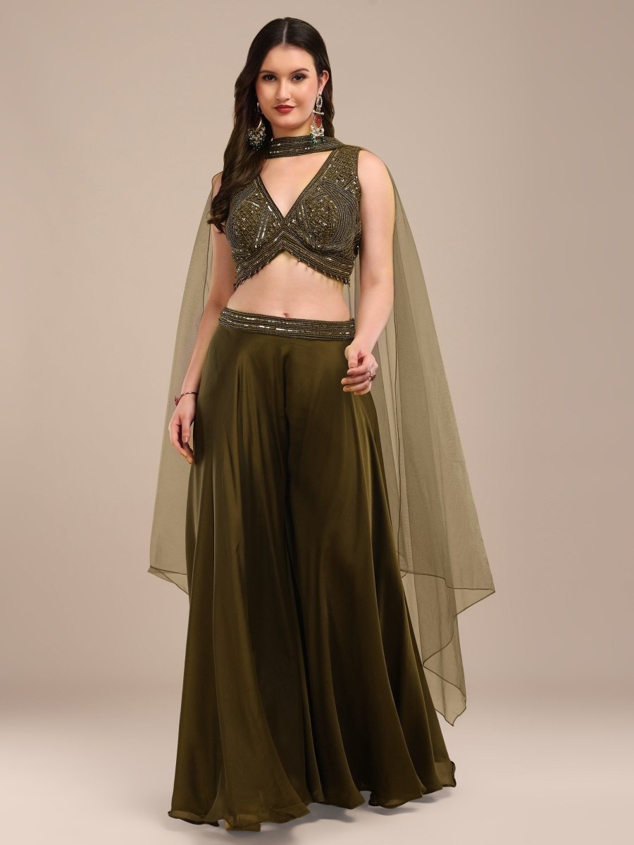 Olive Green Indo - Western Palazzo Set with Hand Embroidery & Cape Dupatta - CLOHI