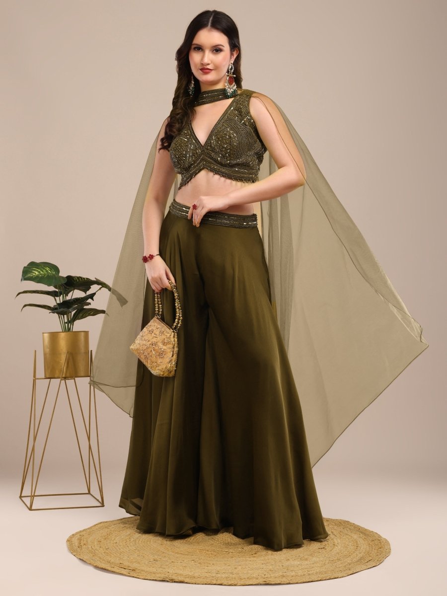 Olive Green Indo - Western Palazzo Set with Hand Embroidery & Cape Dupatta - CLOHI