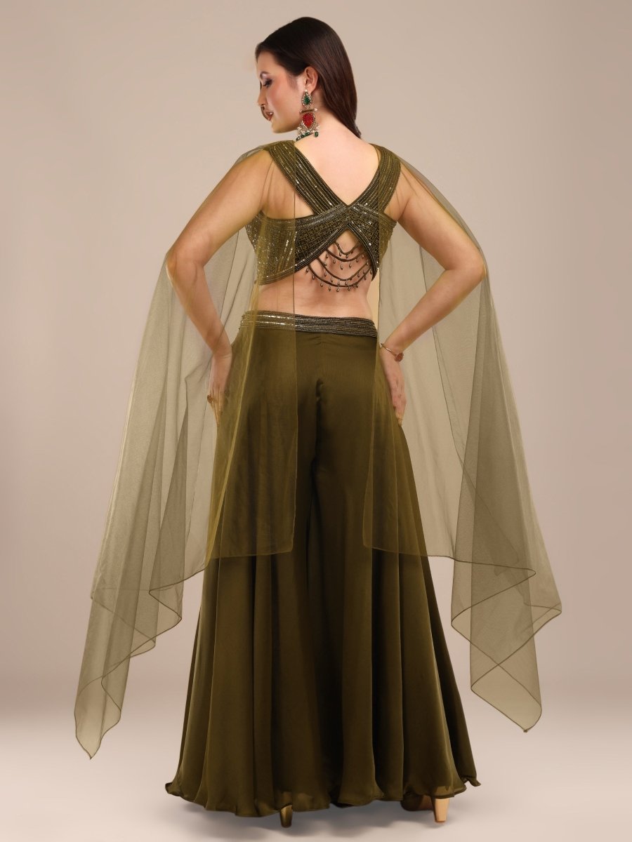 Olive Green Indo - Western Palazzo Set with Hand Embroidery & Cape Dupatta - CLOHI