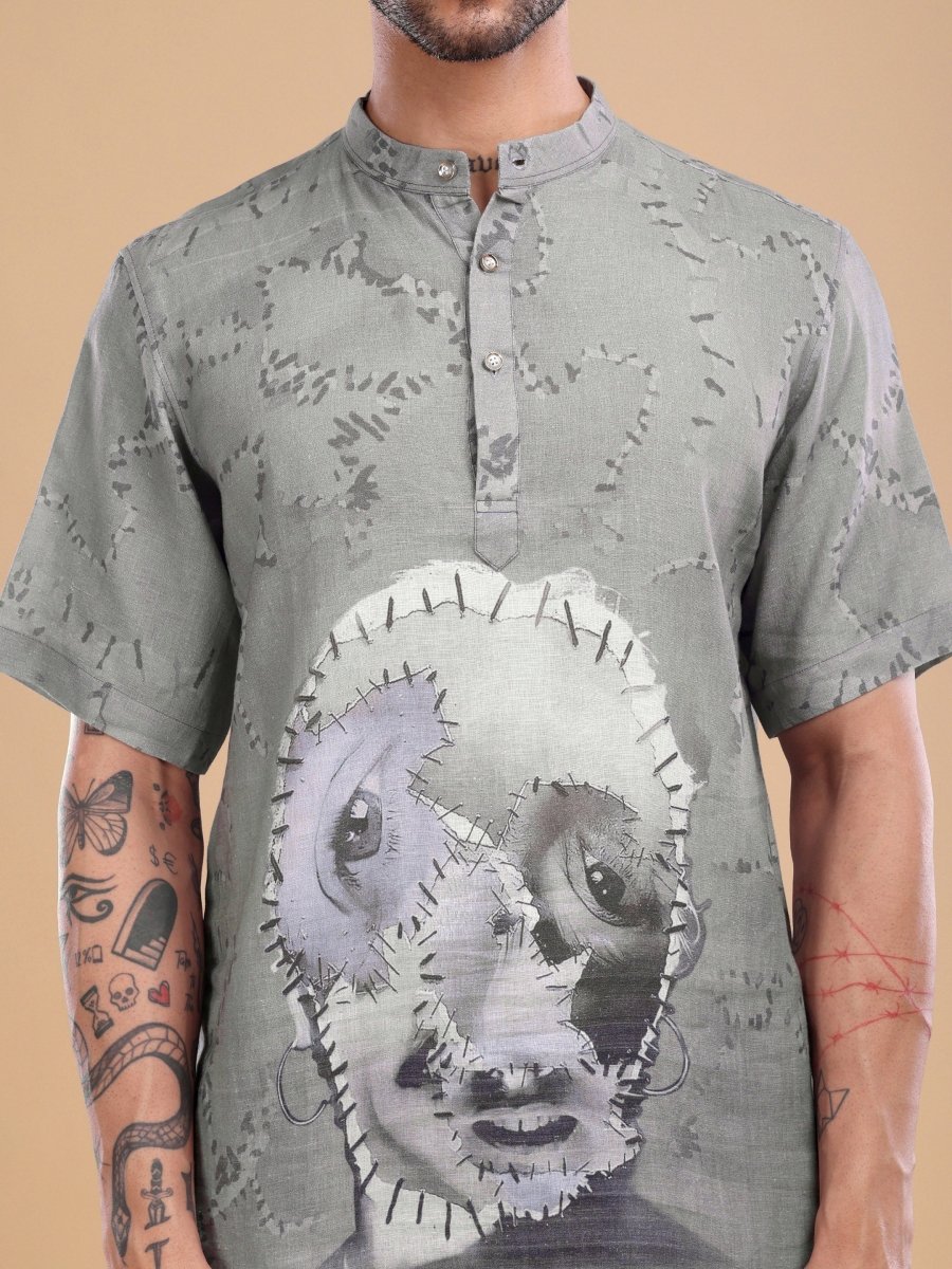 Olive Grey Pure Linen Shirt with Stitched Face Art & Mandarin Collar - CLOHI