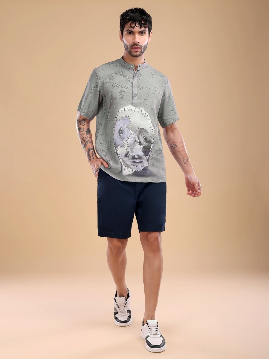 Olive Grey Pure Linen Shirt with Stitched Face Art & Mandarin Collar - CLOHI