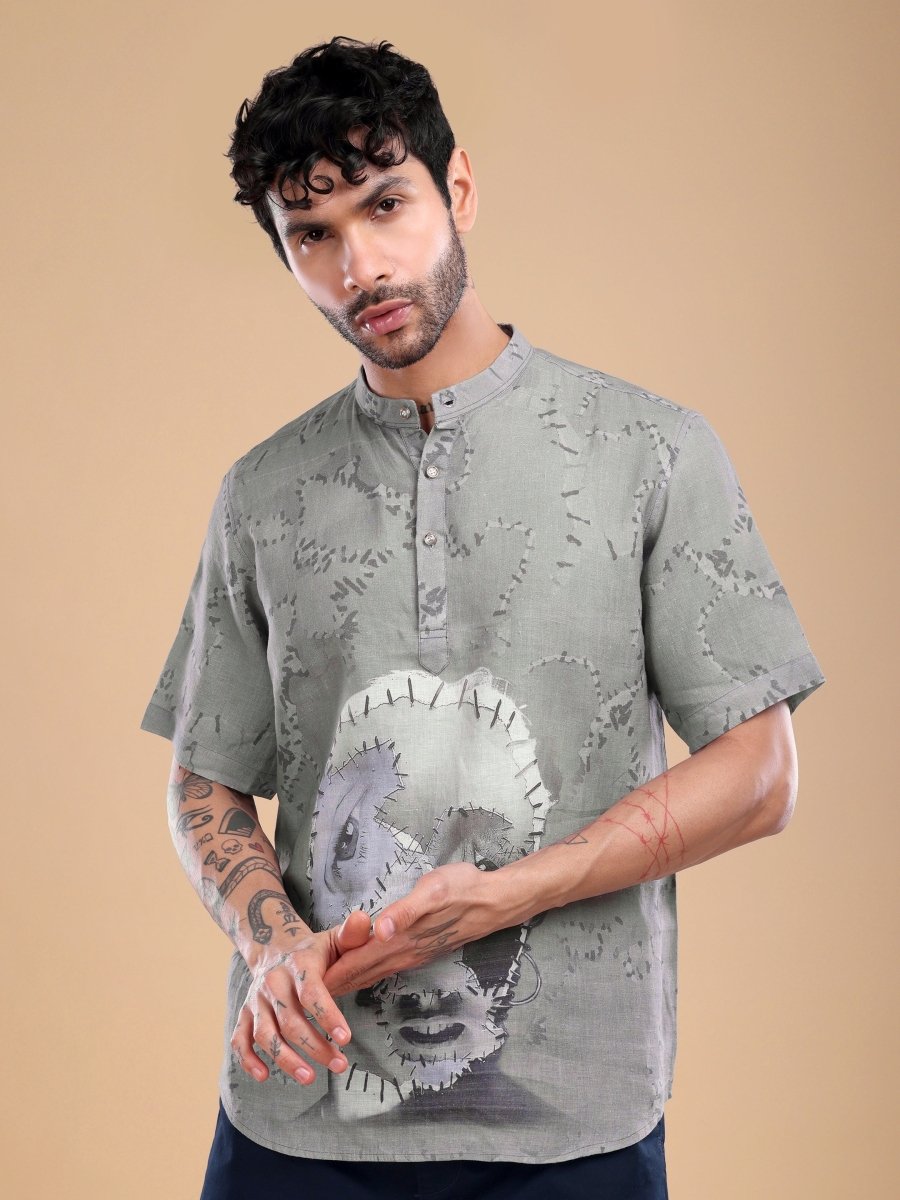 Olive Grey Pure Linen Shirt with Stitched Face Art & Mandarin Collar - CLOHI