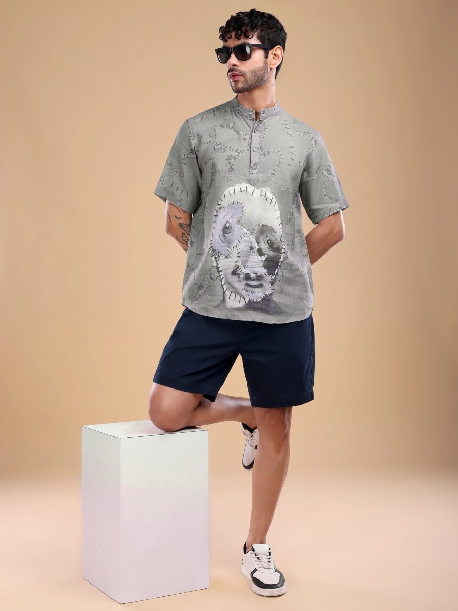 Olive Grey Pure Linen Shirt with Stitched Face Art & Mandarin Collar - CLOHI