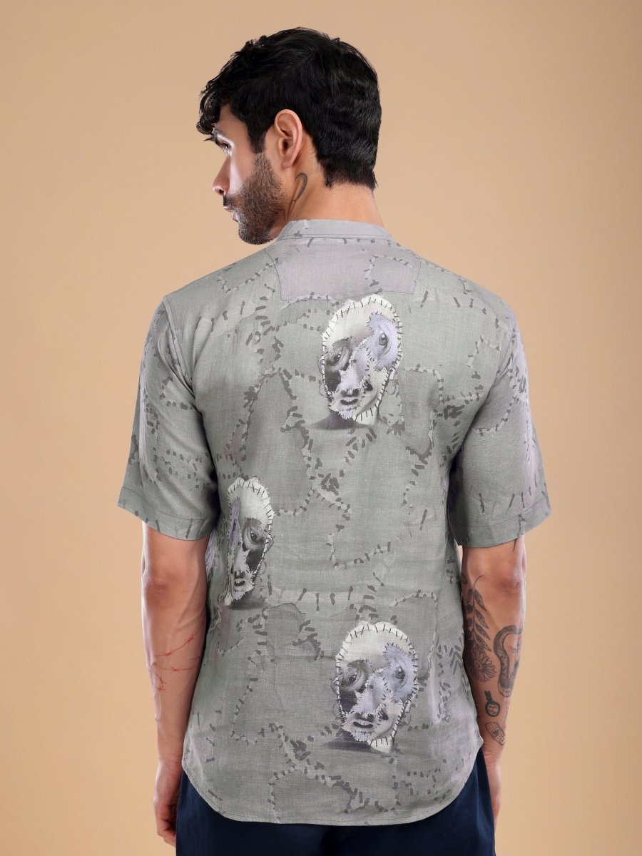 Olive Grey Pure Linen Shirt with Stitched Face Art & Mandarin Collar - CLOHI