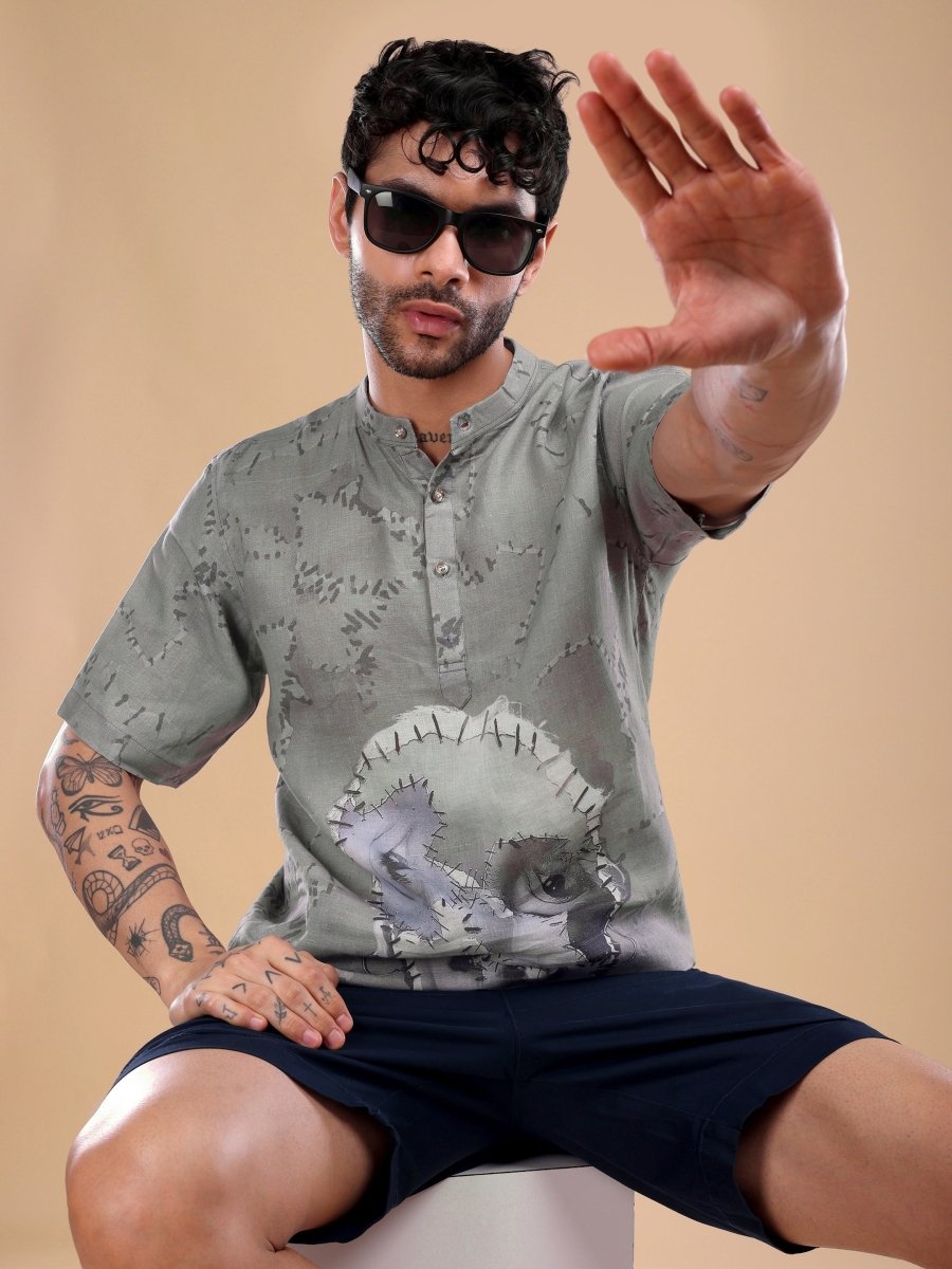 Olive Grey Pure Linen Shirt with Stitched Face Art & Mandarin Collar - CLOHI