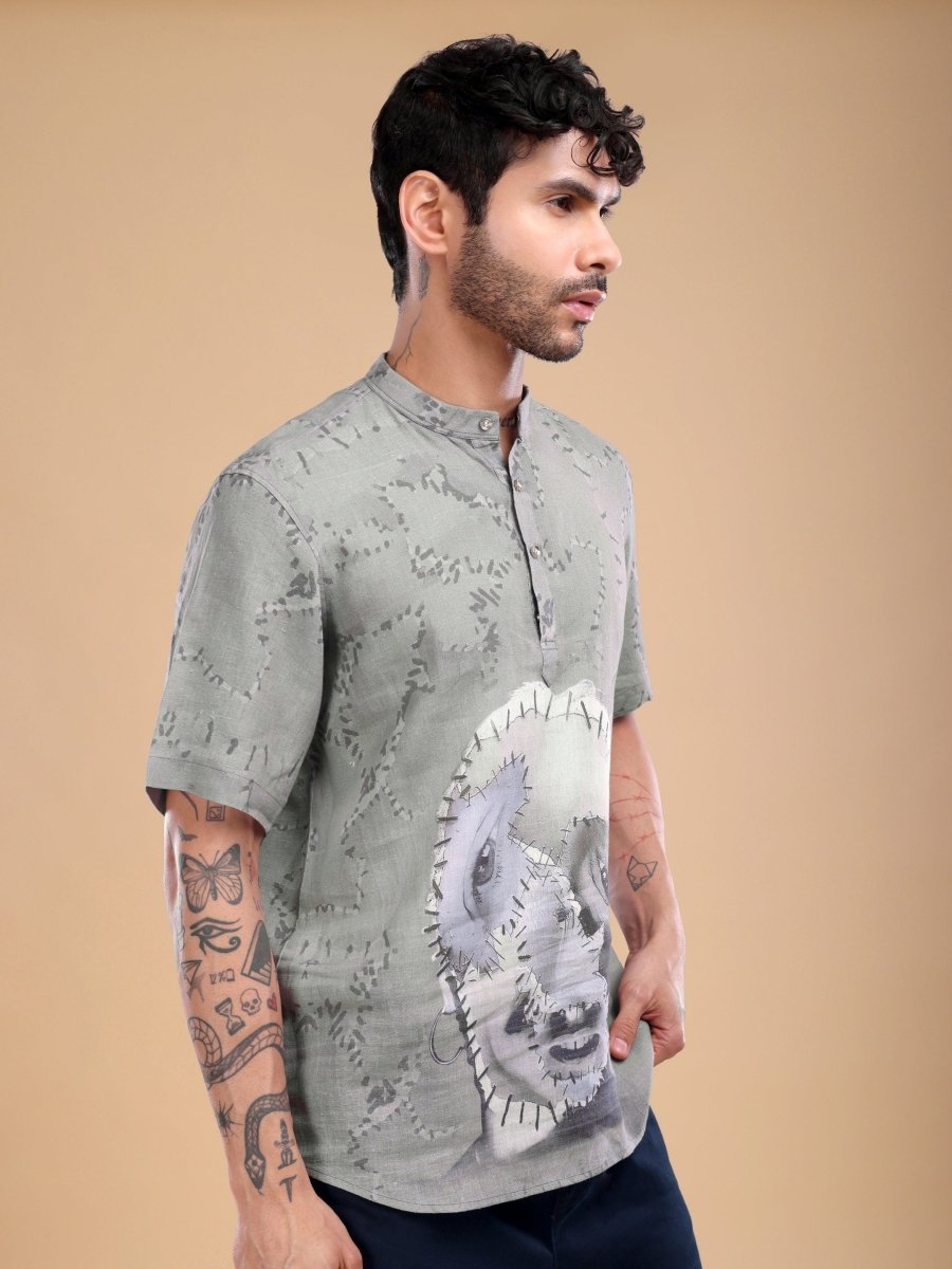 Olive Grey Pure Linen Shirt with Stitched Face Art & Mandarin Collar - CLOHI