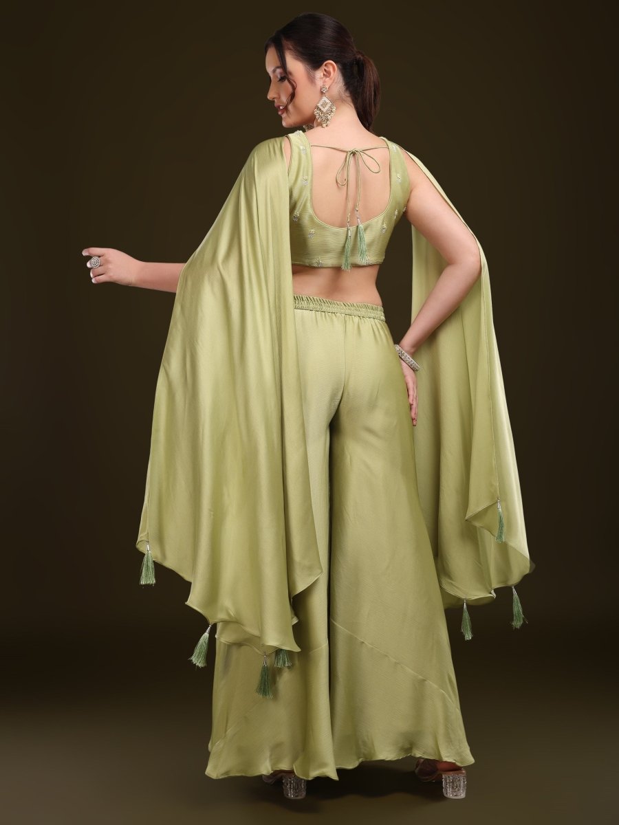Pastel Green Embroidered Palazzo Set with Flowing Cape - CLOHI