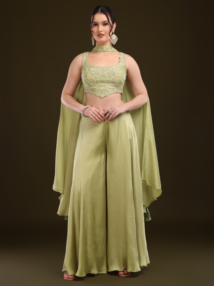 Pastel Green Embroidered Palazzo Set with Flowing Cape - CLOHI