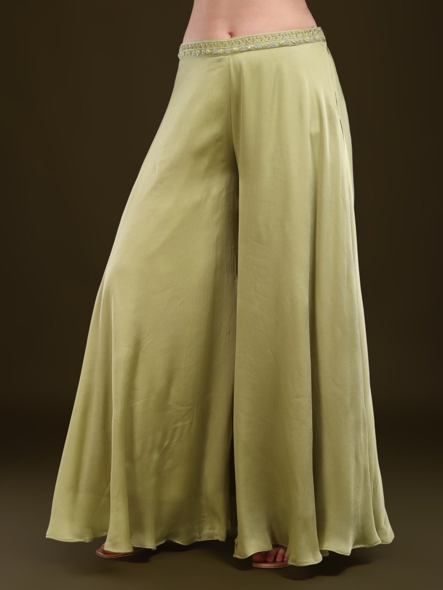 Pastel Green Embroidered Palazzo Set with Flowing Cape - CLOHI
