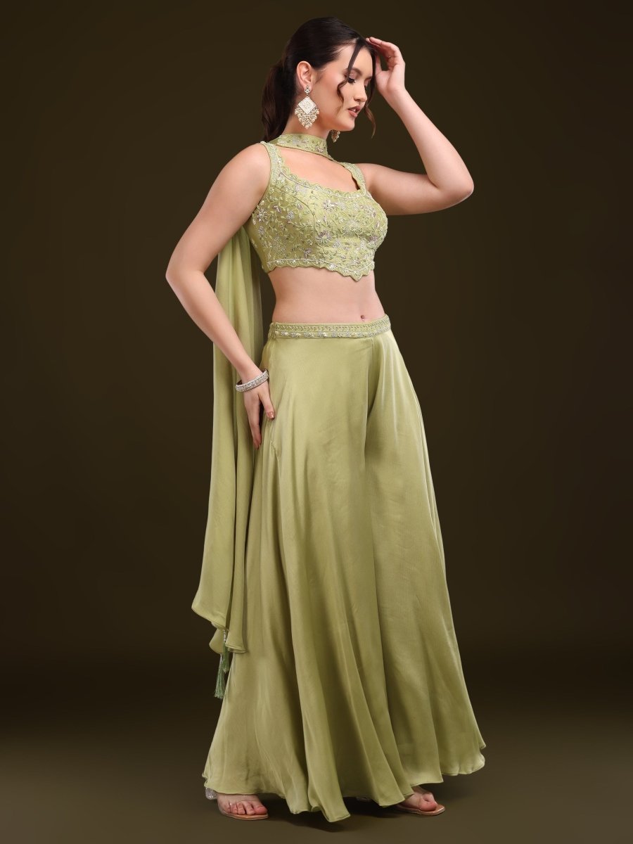 Pastel Green Embroidered Palazzo Set with Flowing Cape - CLOHI