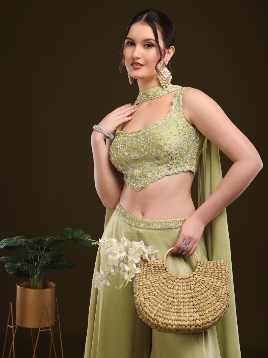 Pastel Green Embroidered Palazzo Set with Flowing Cape - CLOHI