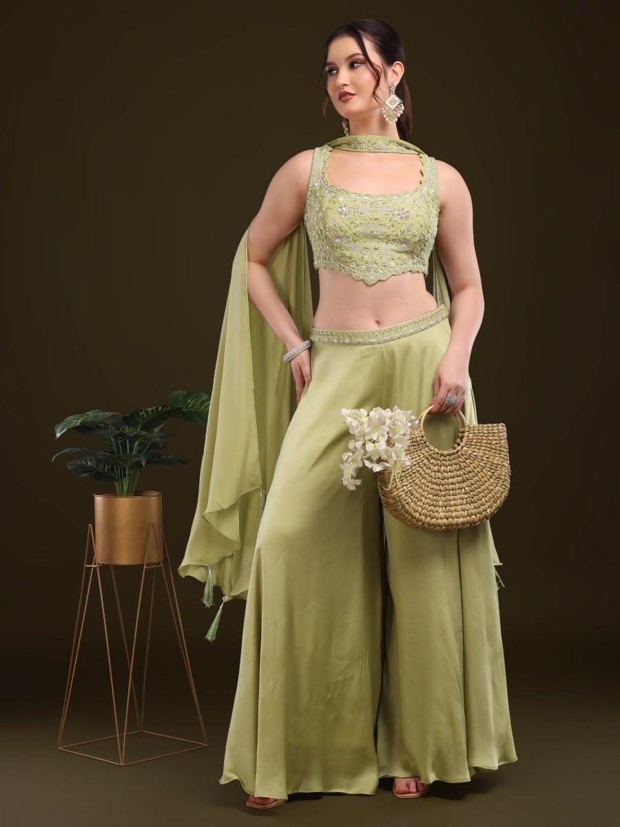 Pastel Green Embroidered Palazzo Set with Flowing Cape - CLOHI