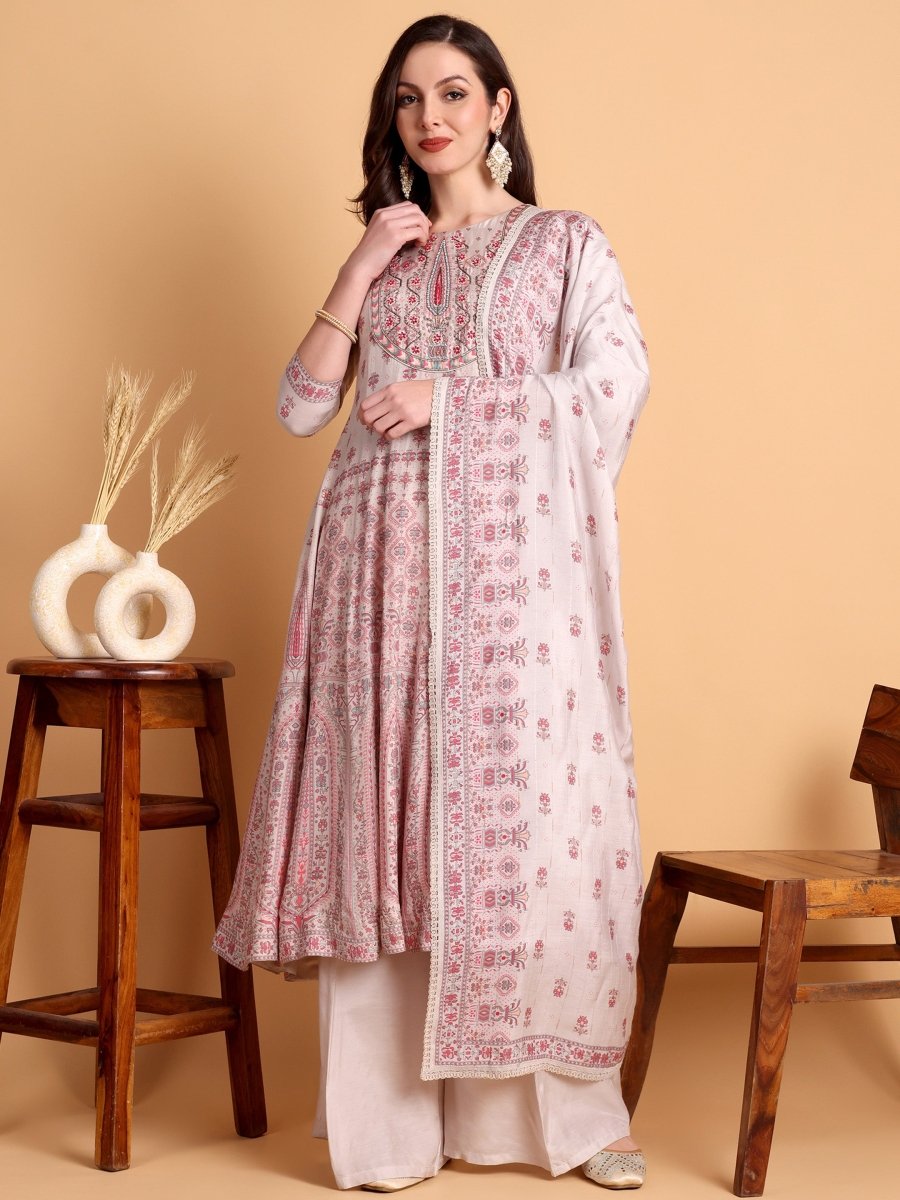 Pastel Silver Grey Anarkali Kurta Set with Embroidered Yoke & Dupatta - CLOHI