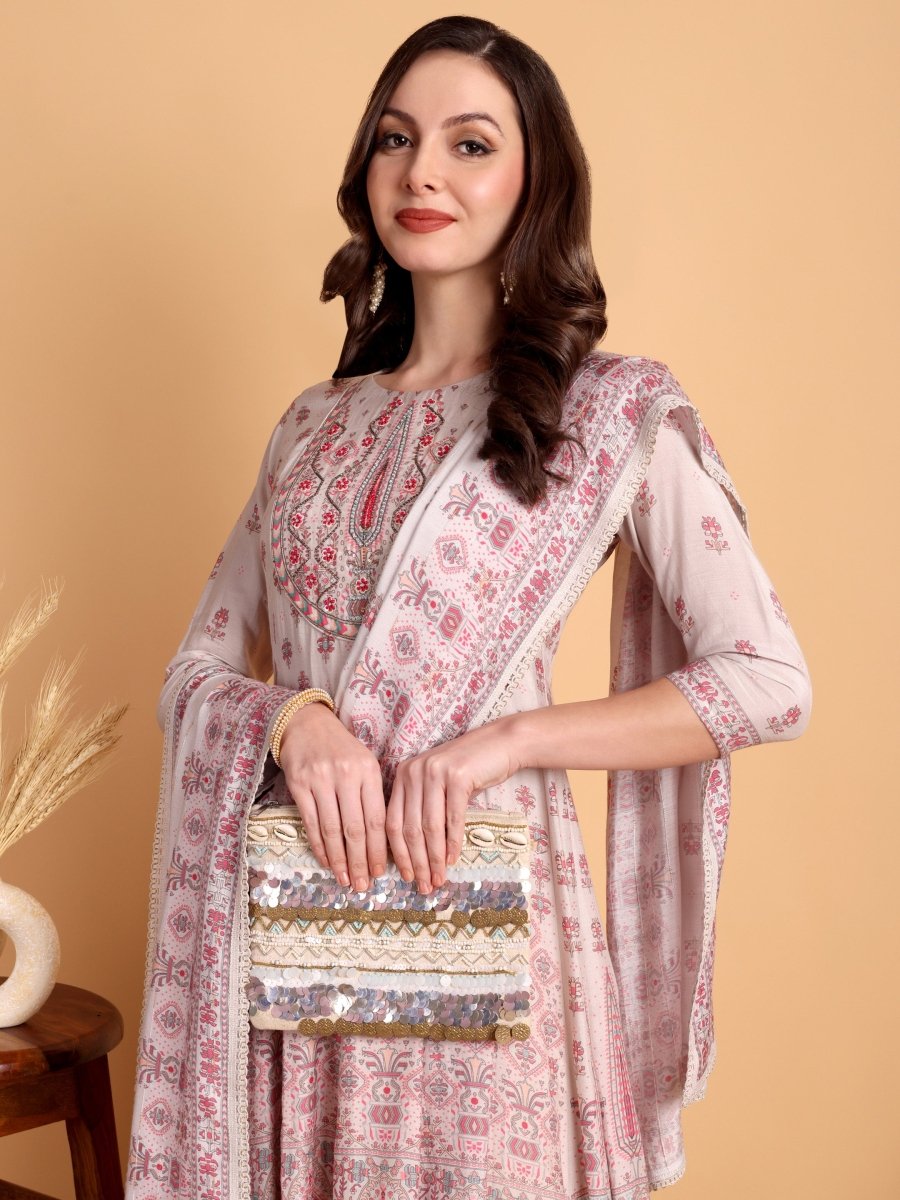 Pastel Silver Grey Anarkali Kurta Set with Embroidered Yoke & Dupatta - CLOHI