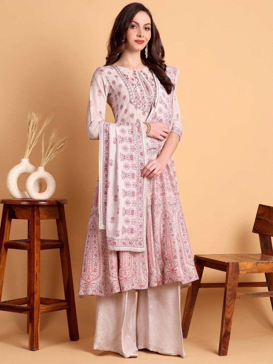 Pastel Silver Grey Anarkali Kurta Set with Embroidered Yoke & Dupatta - CLOHI