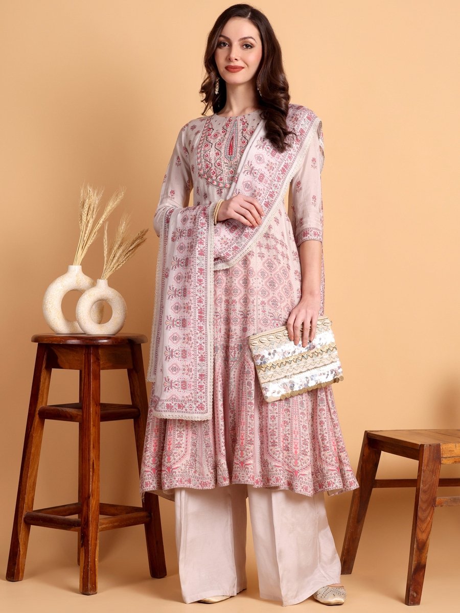 Pastel Silver Grey Anarkali Kurta Set with Embroidered Yoke & Dupatta - CLOHI