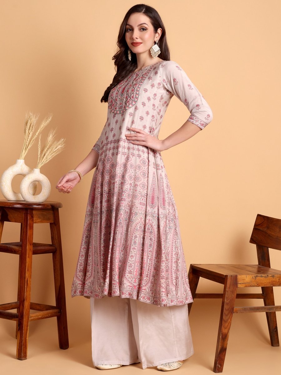 Pastel Silver Grey Anarkali Kurta Set with Embroidered Yoke & Dupatta - CLOHI
