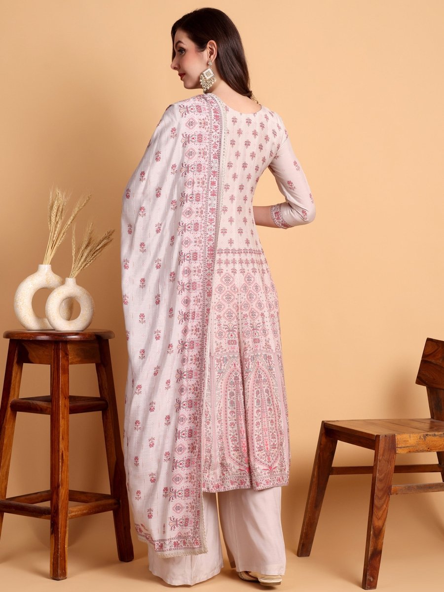 Pastel Silver Grey Anarkali Kurta Set with Embroidered Yoke & Dupatta - CLOHI