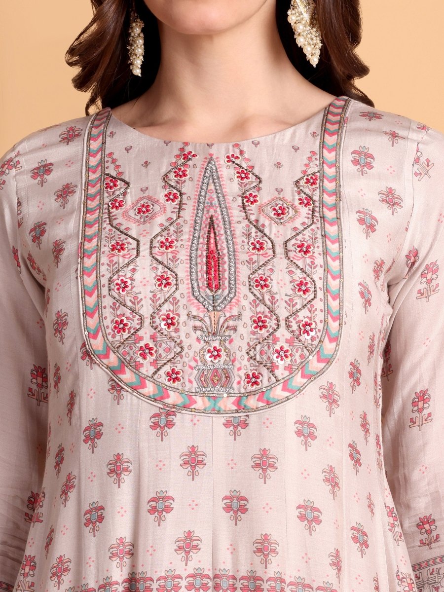 Pastel Silver Grey Anarkali Kurta Set with Embroidered Yoke & Dupatta - CLOHI