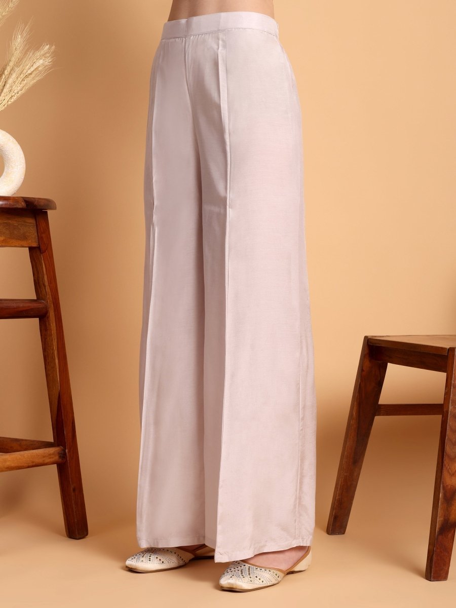 Pastel Silver Grey Anarkali Kurta Set with Embroidered Yoke & Dupatta - CLOHI