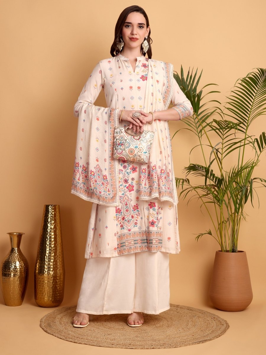 Peach A - Line Floral Embroidered Kurta Set - CLOHI