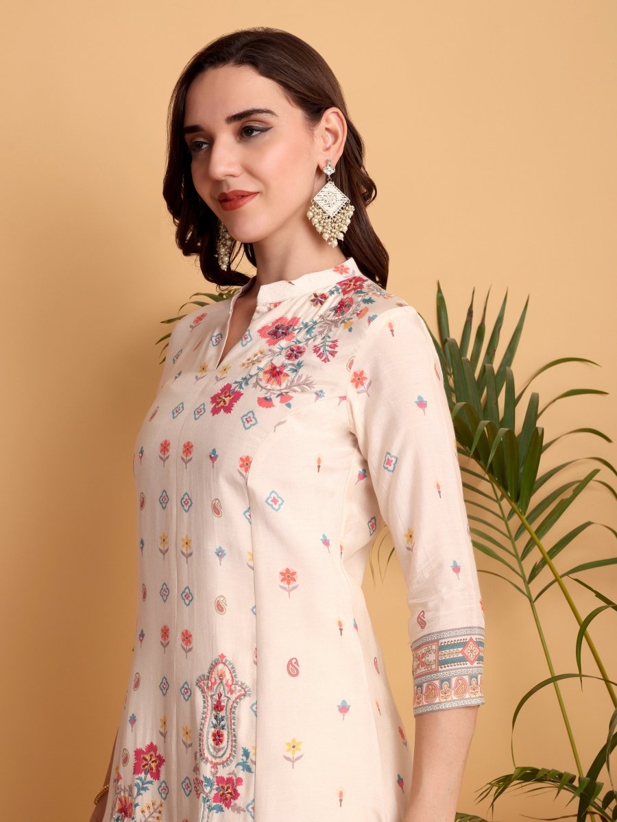 Peach A - Line Floral Embroidered Kurta Set - CLOHI