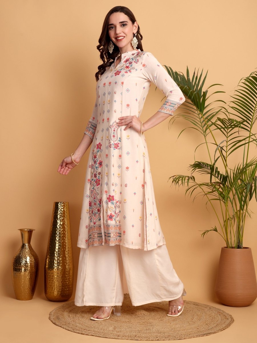 Peach A - Line Floral Embroidered Kurta Set - CLOHI