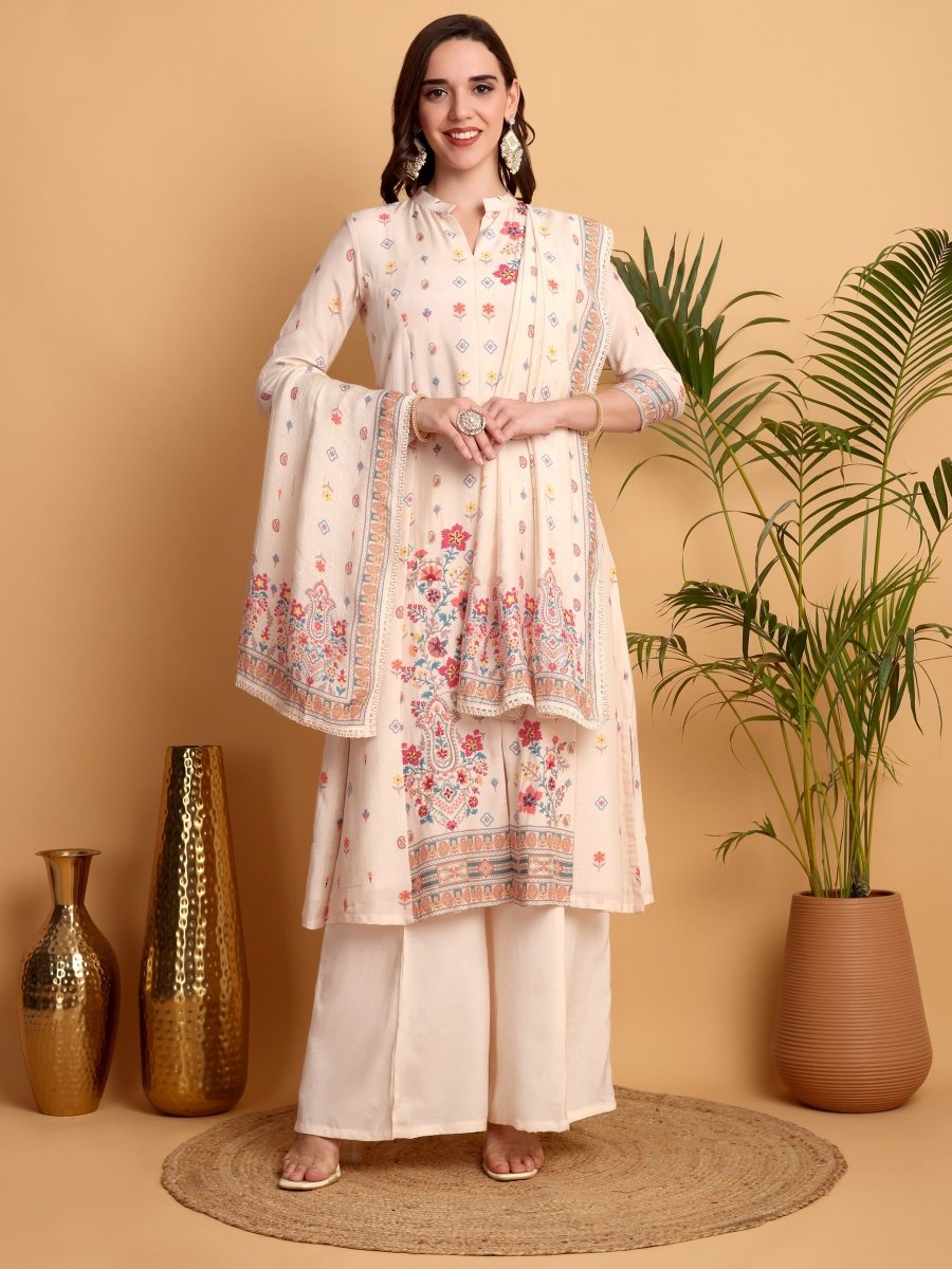 Peach A - Line Floral Embroidered Kurta Set - CLOHI
