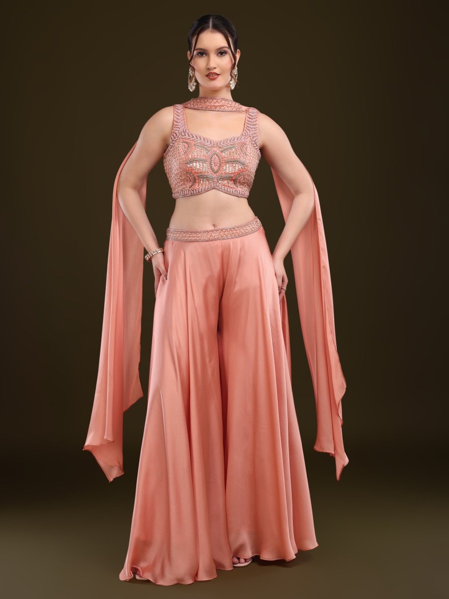 Peach Embroidered Crop Top with Palazzo & Draped Dupatta Set - CLOHI