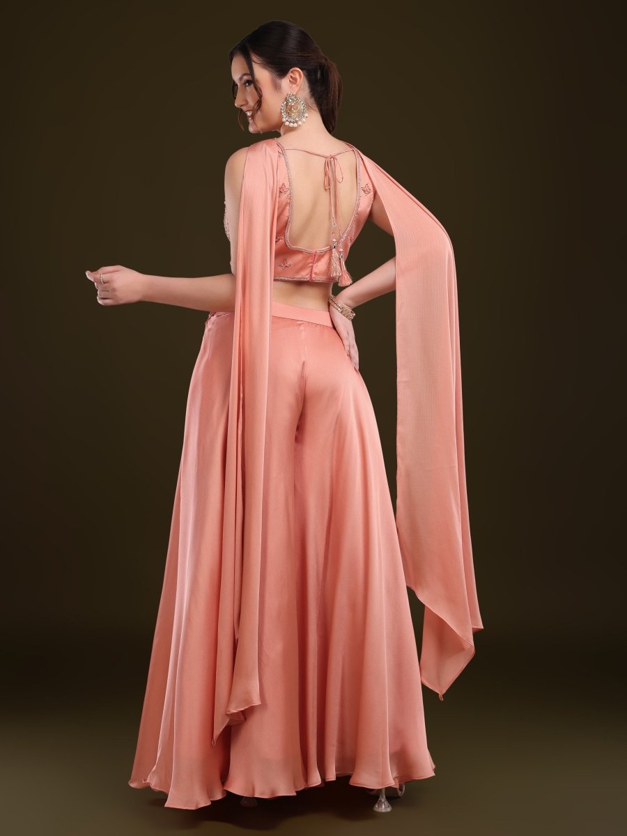 Peach Embroidered Crop Top with Palazzo & Draped Dupatta Set - CLOHI