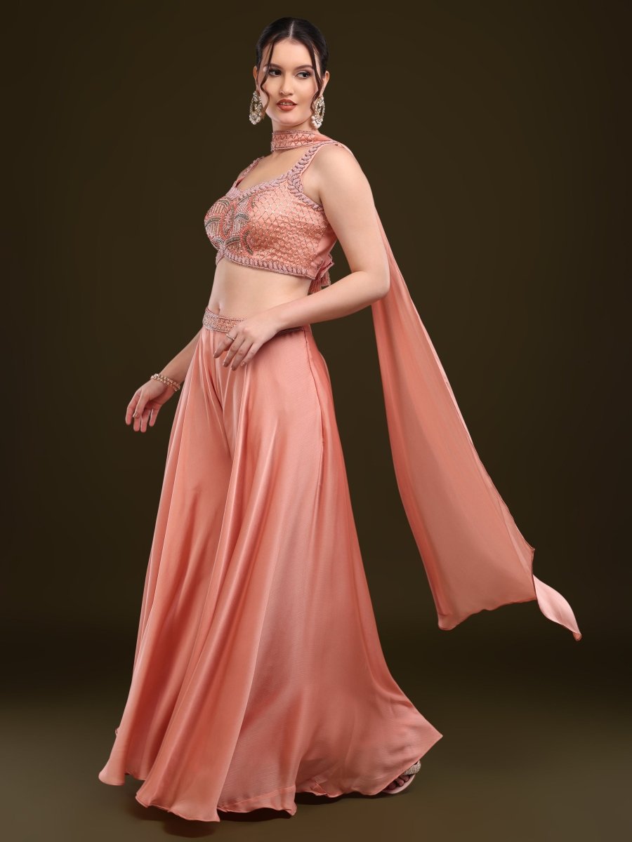 Peach Embroidered Crop Top with Palazzo & Draped Dupatta Set - CLOHI