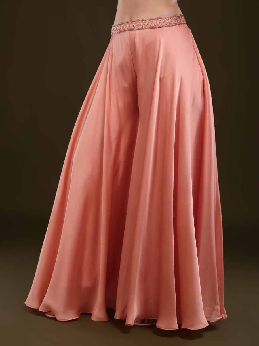 Peach Embroidered Crop Top with Palazzo & Draped Dupatta Set - CLOHI