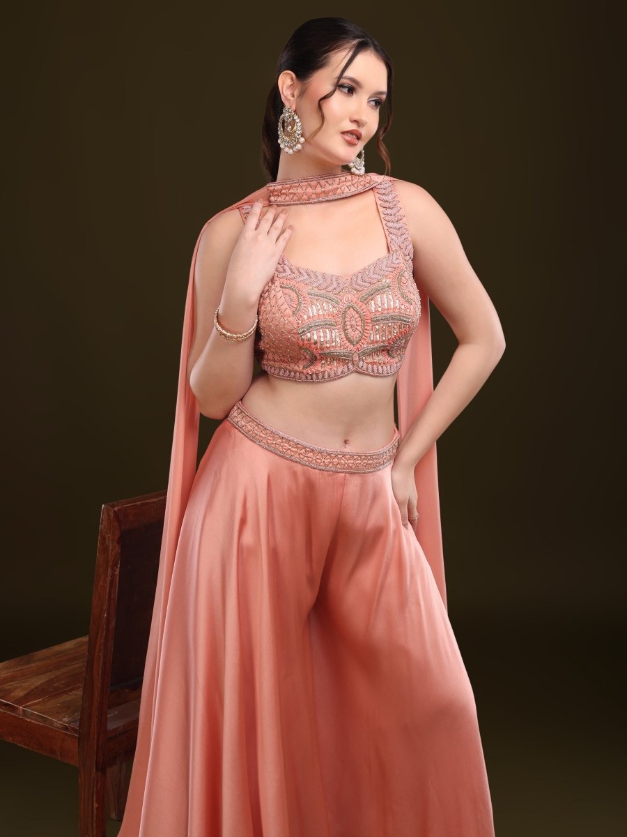 Peach Embroidered Crop Top with Palazzo & Draped Dupatta Set - CLOHI