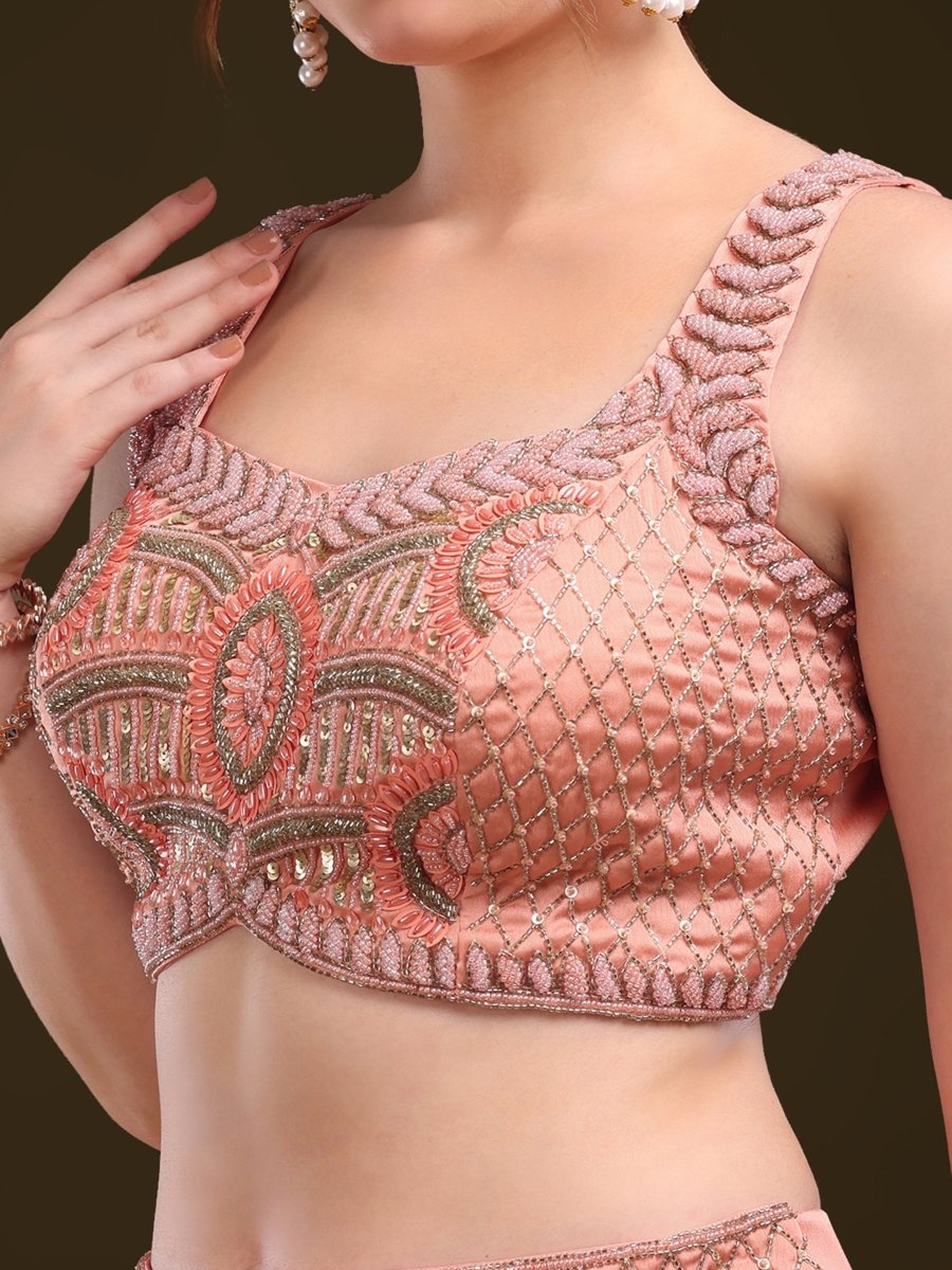 Peach Embroidered Crop Top with Palazzo & Draped Dupatta Set - CLOHI
