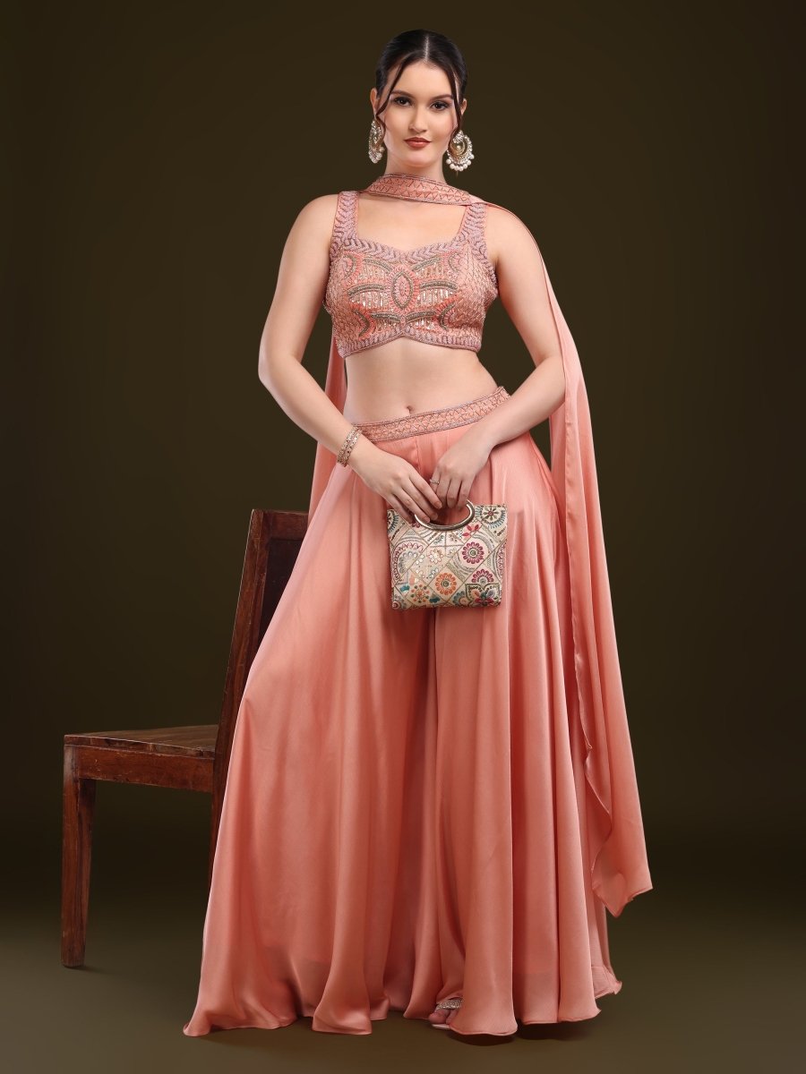 Peach Embroidered Crop Top with Palazzo & Draped Dupatta Set - CLOHI