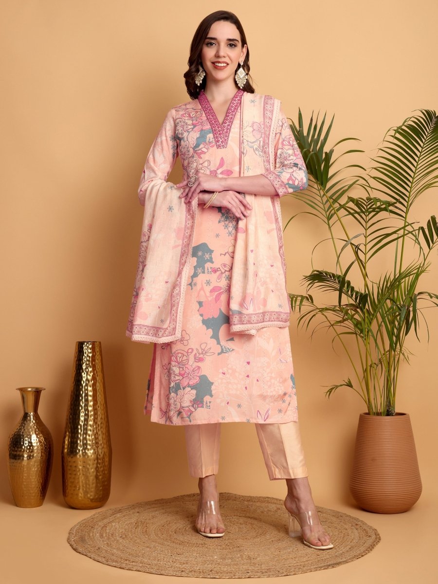 Peach Pink Floral Embroidered Kurta Set for Women – Handcrafted Ethnic Wear - CLOHI