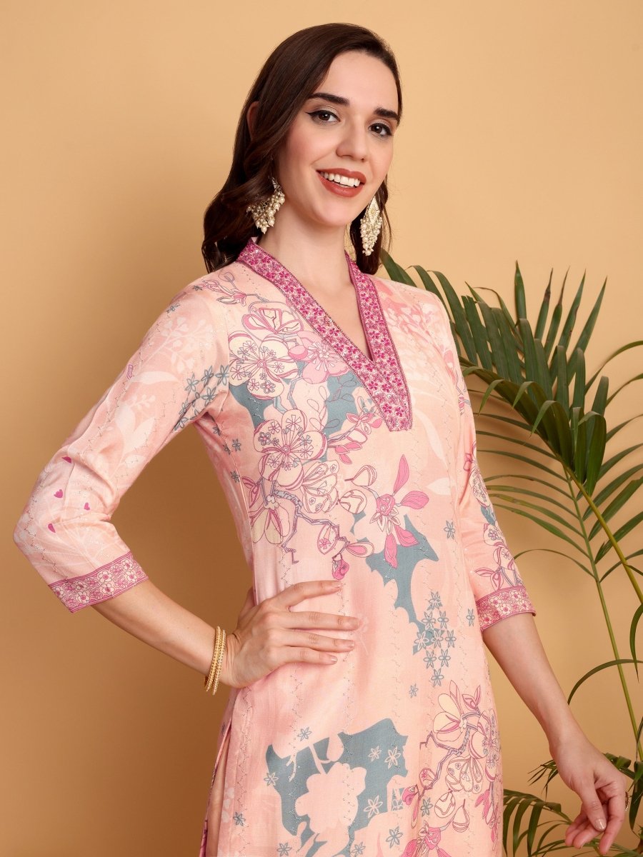 Peach Pink Floral Embroidered Kurta Set for Women – Handcrafted Ethnic Wear - CLOHI