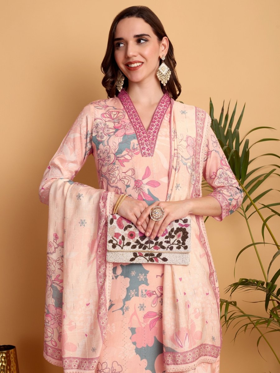 Peach Pink Floral Embroidered Kurta Set for Women – Handcrafted Ethnic Wear - CLOHI
