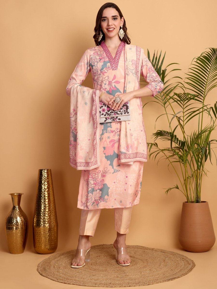 Peach Pink Floral Embroidered Kurta Set for Women – Handcrafted Ethnic Wear - CLOHI