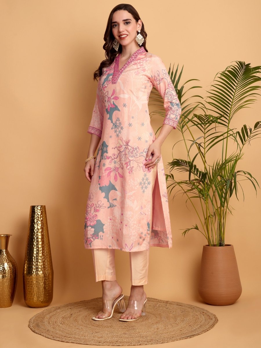 Peach Pink Floral Embroidered Kurta Set for Women – Handcrafted Ethnic Wear - CLOHI